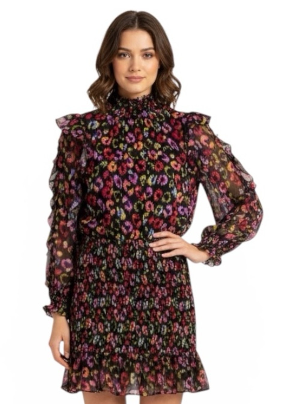 FARM Rio Iridescent Leopards Ruffled High Neck Lined Bodice Sheer Sleeves | EUC
